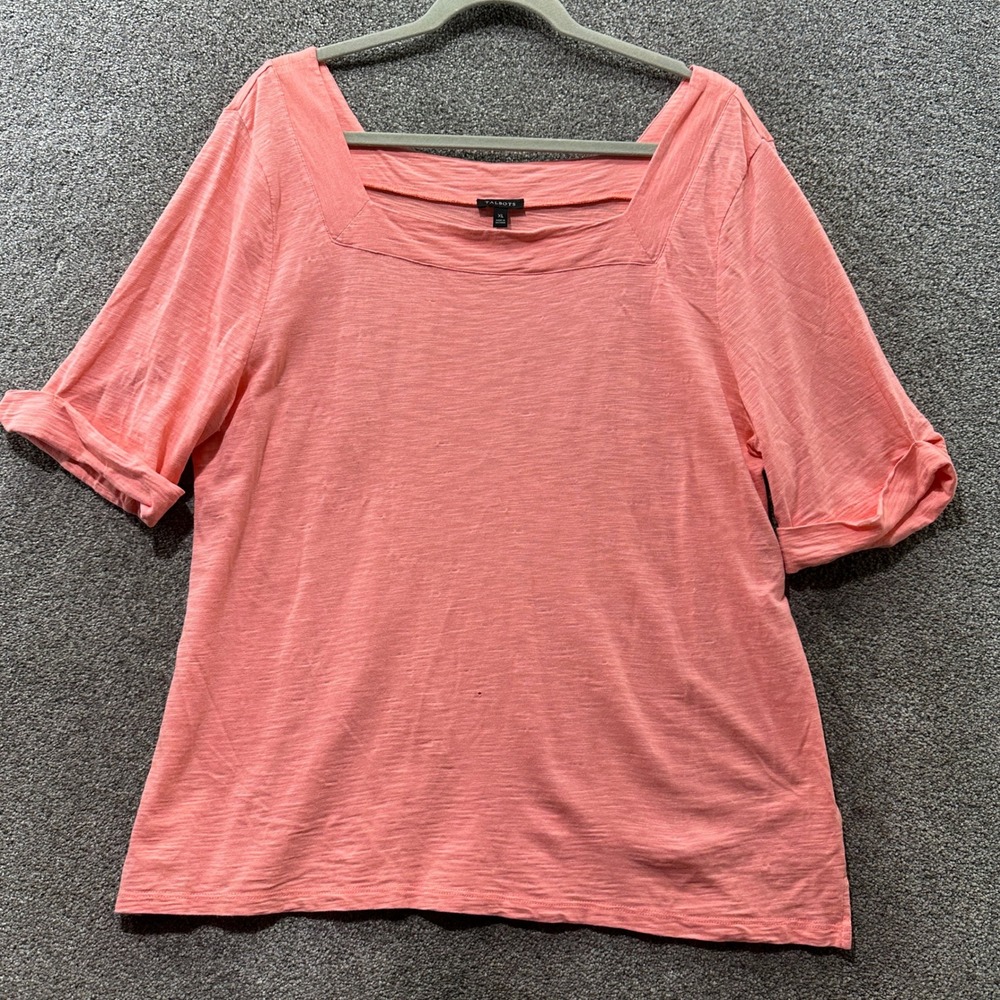 Talbots Womens XL Coral Pink Slub Knit Square Neck Cuffed Short Sleeve T-Shirt